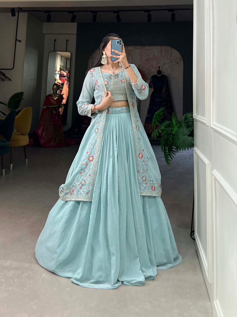 Western Special Sea Blue Color Thread And Sequence Work Lehenga & Shrug Set - Ahesas