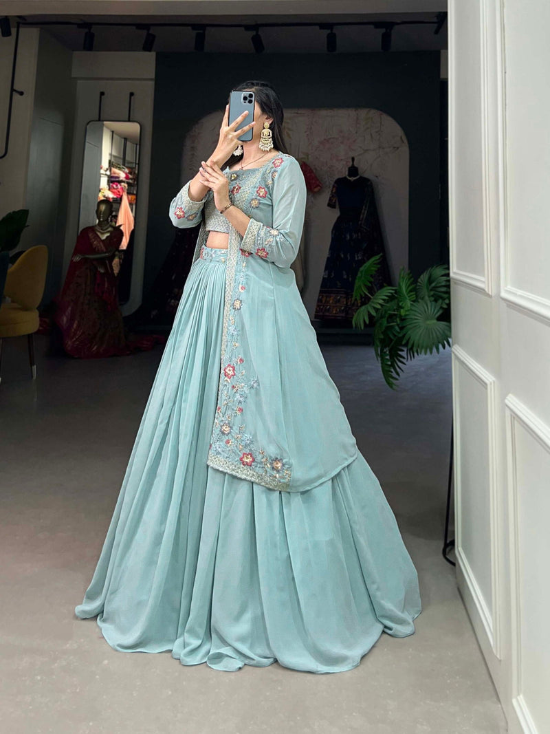 Western Special Sea Blue Color Thread And Sequence Work Lehenga & Shrug Set - Ahesas