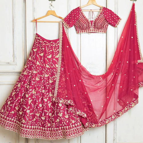 Gajri Color Satin Silk With Heavy Embroidery Work Wedding Lehenga