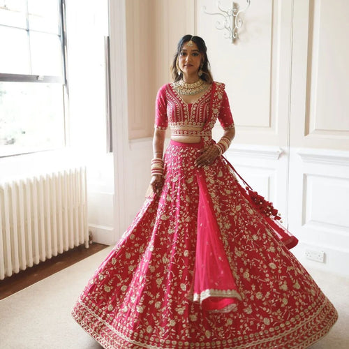 Gajri Color Satin Silk With Heavy Embroidery Work Wedding Lehenga