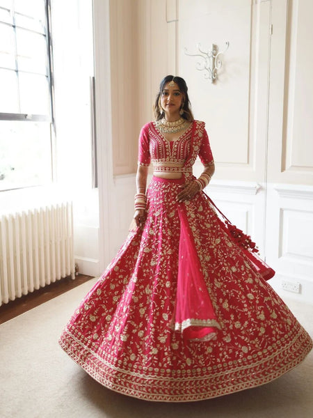 Gajri Color Satin Silk With Heavy Embroidery Work Wedding Lehenga