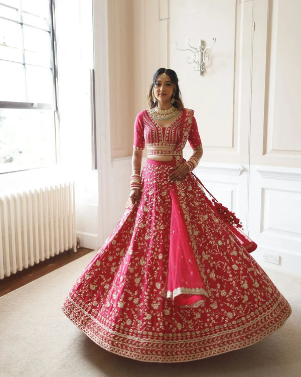 Gajri Color Satin Silk With Heavy Embroidery Work Wedding Lehenga