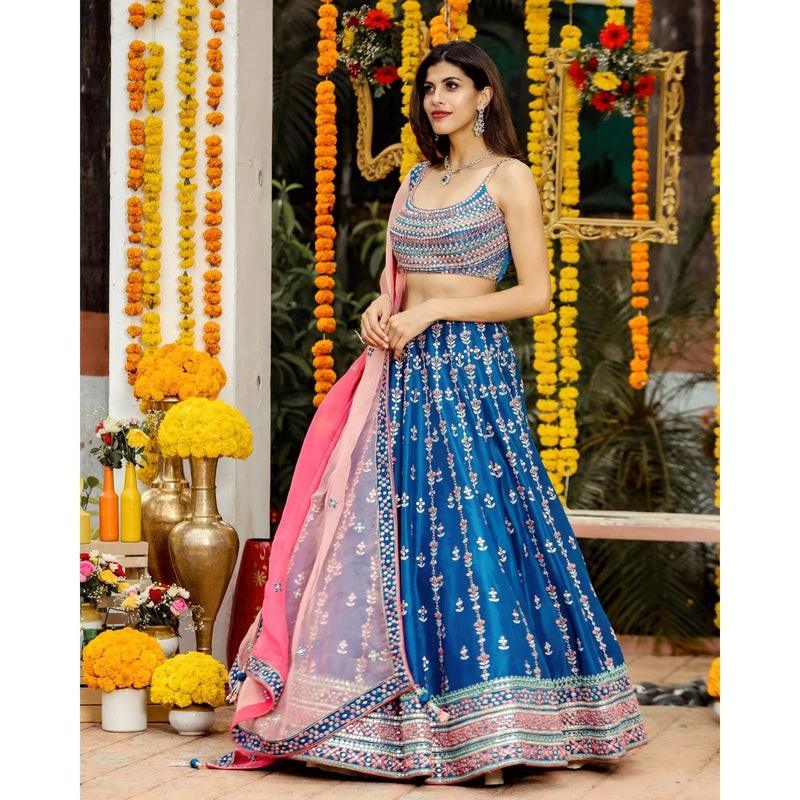 Blue Color Chiffon  Wedding Special Lehenga Choli Set With Multi Color Thread Work