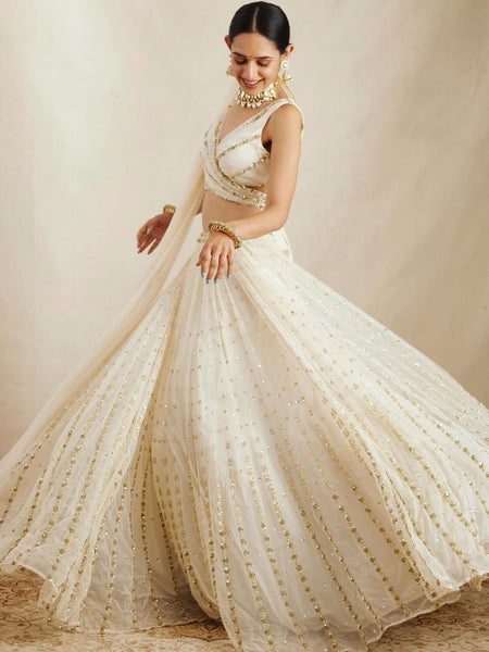 White Color Sequins Embroidery Work Designer Georgette Lehenga Choli