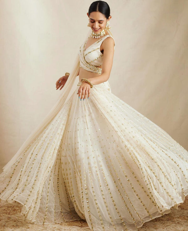 White Color Sequence Embroidery Work Designer Georgette Lehenga Choli