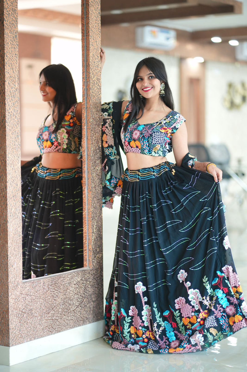 Black Color Premium Georgette Floral Sequencial Embroidery Work Lehenga