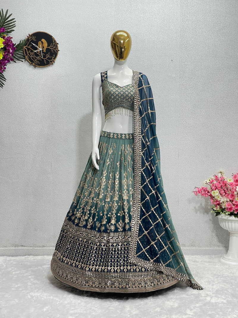 Blue Color Georgette Embroidery Sequence Work Designer Wedding Wear Lehenga Choli