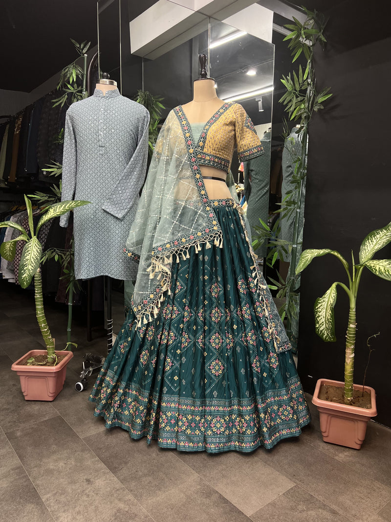 Rama Green Color Heavy Chinon Fabric Wedding Wear Designer Lehenga Set