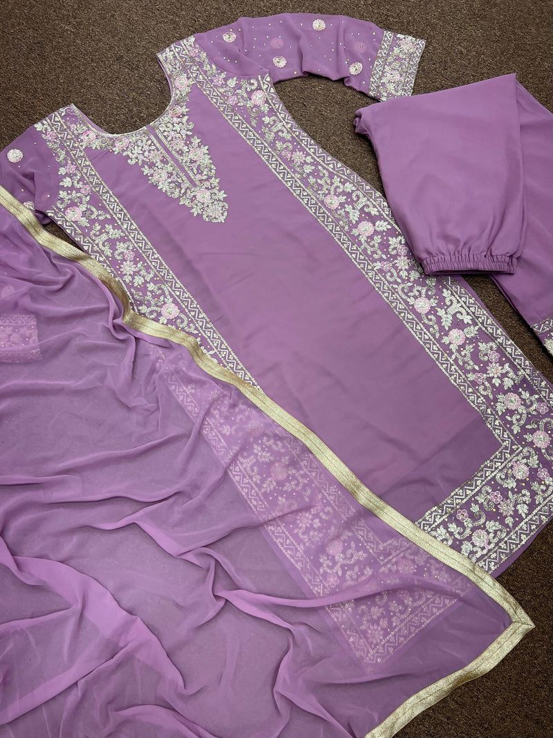 Purple Color Soft Net Embroidery Sequence Hand Work Plazzo Set