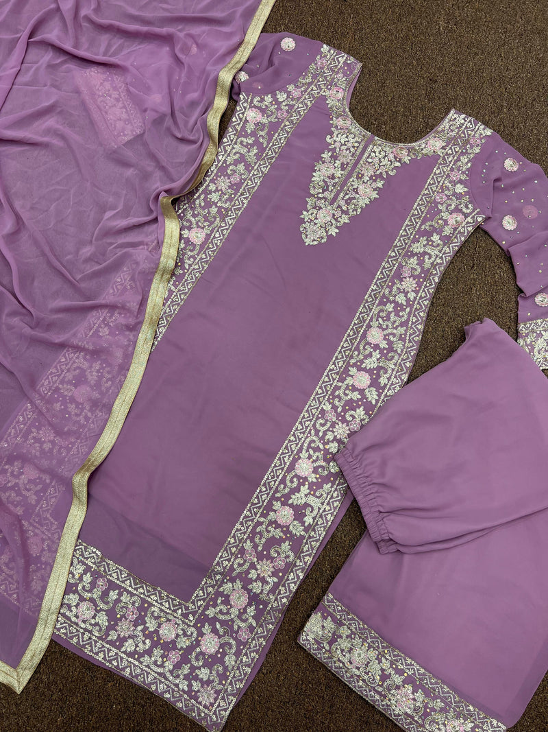 Purple Color Soft Net Embroidery Sequence Hand Work Plazzo Set