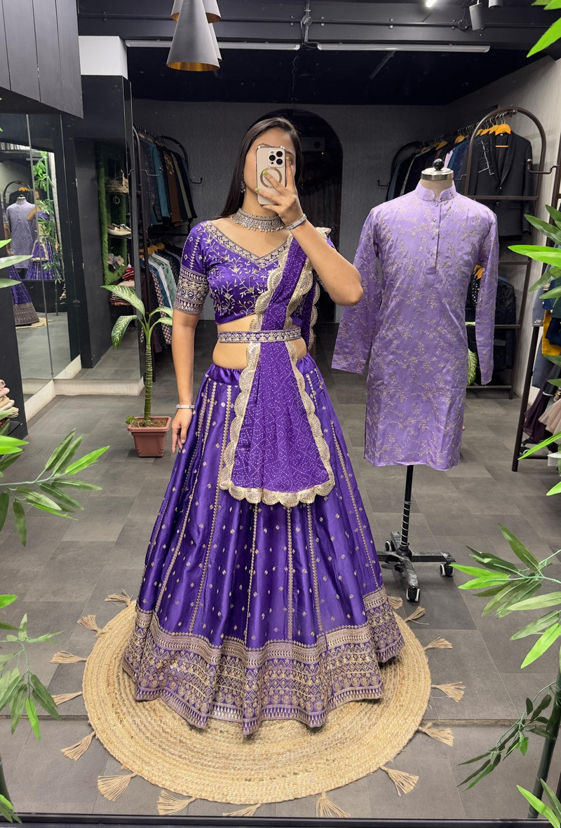 Purple Color Heavy Satin Embroidery Sequence Work Wedding Lehenga Choli