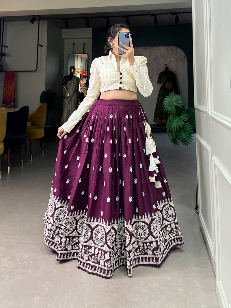Purple Color Pure Cotton  Lucknowi work  Wedding Special Lehenga Choli