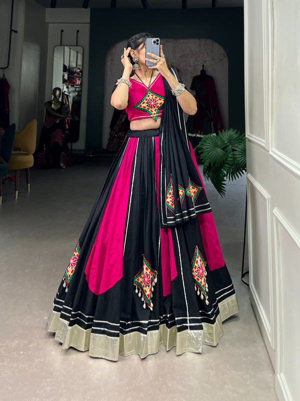 Black & Pink Gorgeous Cotton Gamti And Gotta Patti Work Ready To Wear Navratri Lehenga Set