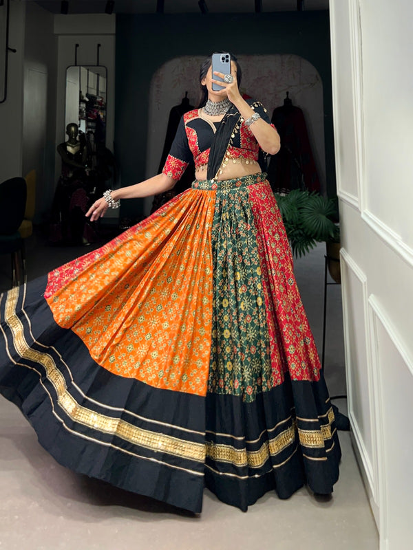 Multi Color Pure Cotton & Dolla Silk Foil Print Ready To Wear Navratri Specials Lehenga Choli Set