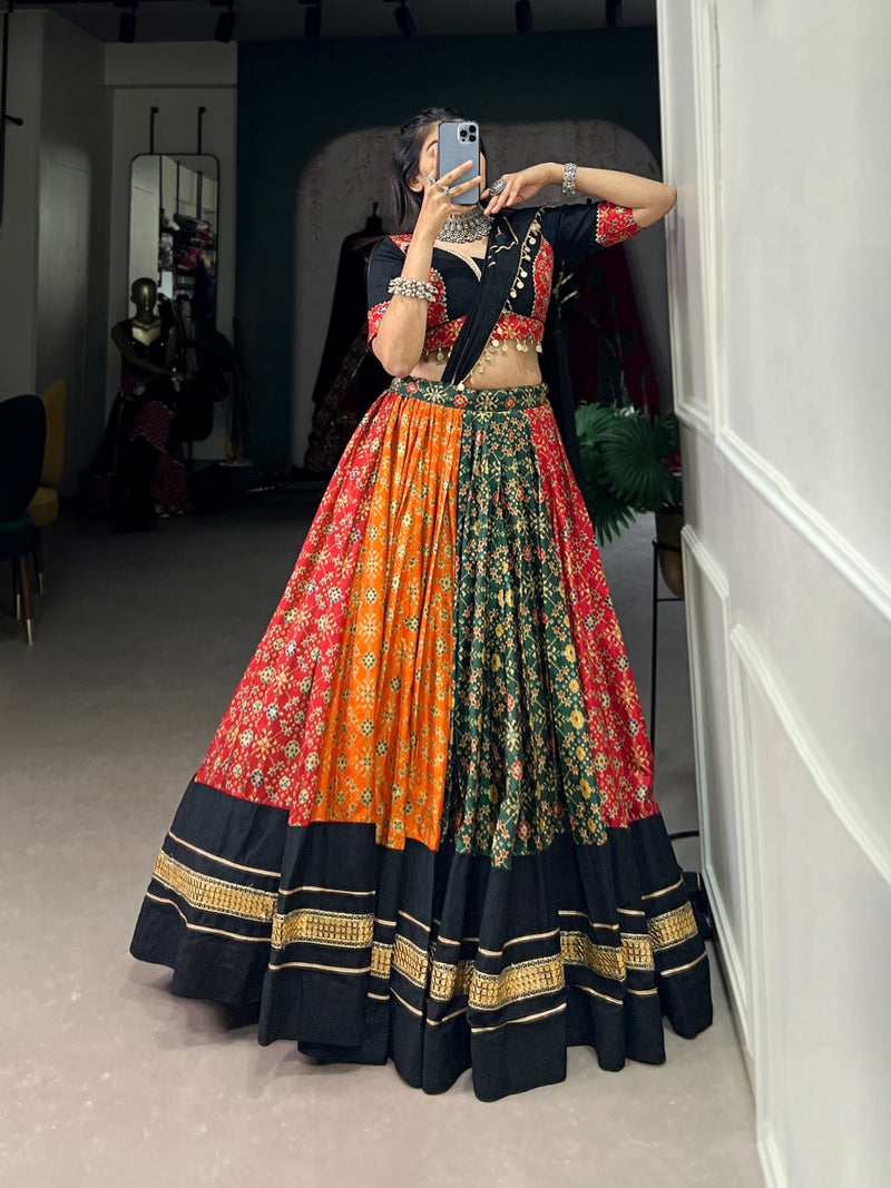 Multi Color Pure Cotton & Dolla Silk Foil Print Ready To Wear Navratri Specials Lehenga Choli Set