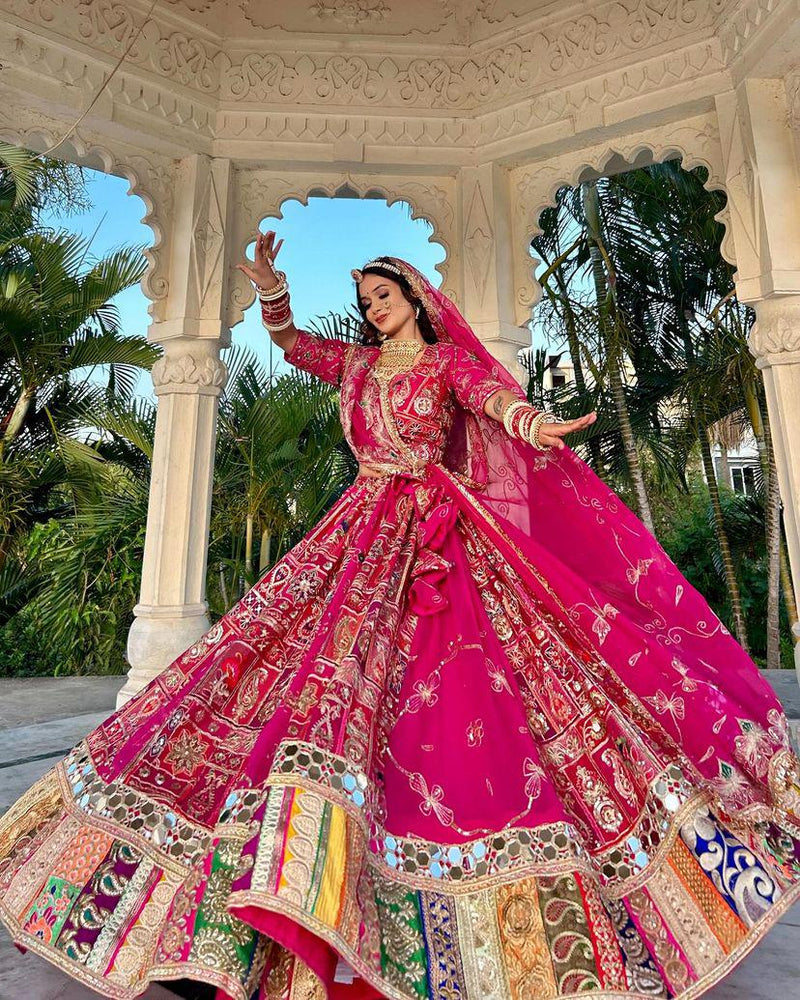 Pink Color Heavy Muslin Cotton Print & Mirror Work Lehenga Choli Set