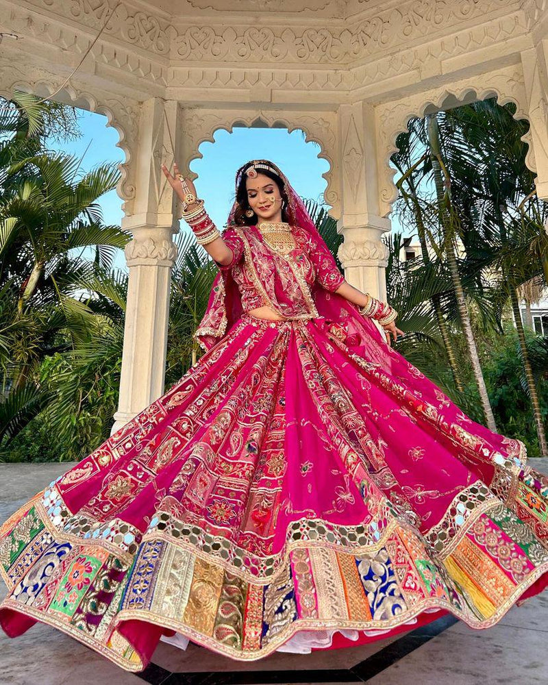 Pink Color Heavy Muslin Cotton Print & Mirror Work Lehenga Choli Set