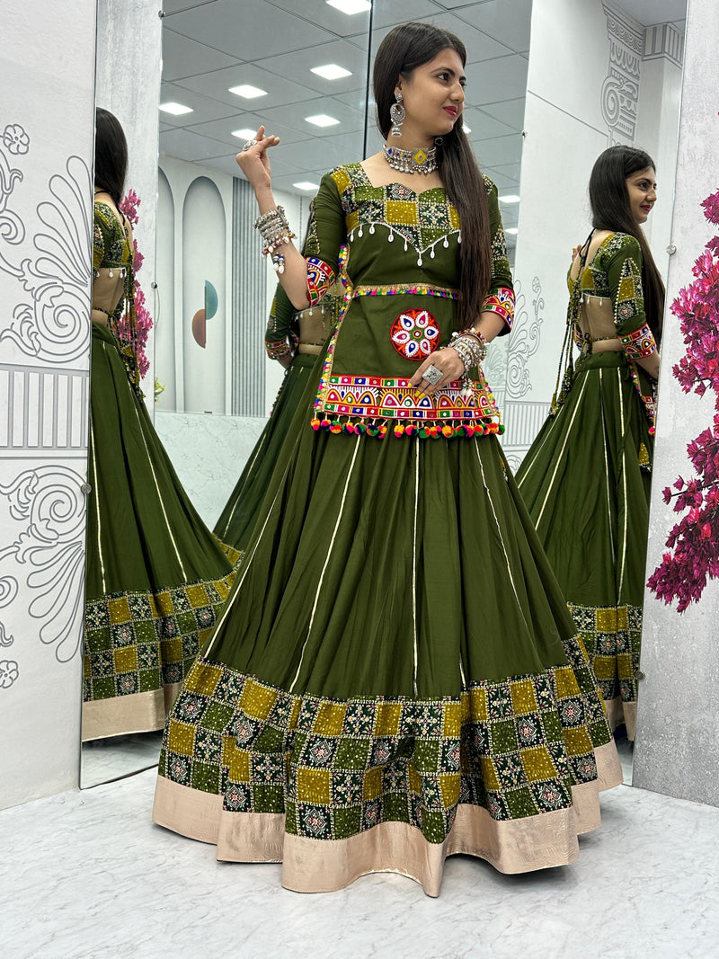 Mehendi Color Ready To Wear Pure Cotton Gamthi Work Navratri Lehenga Choli Set