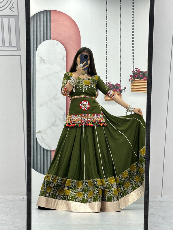 Mehendi Color Ready To Wear Pure Cotton Gamthi Work Navratri Lehenga Choli Set