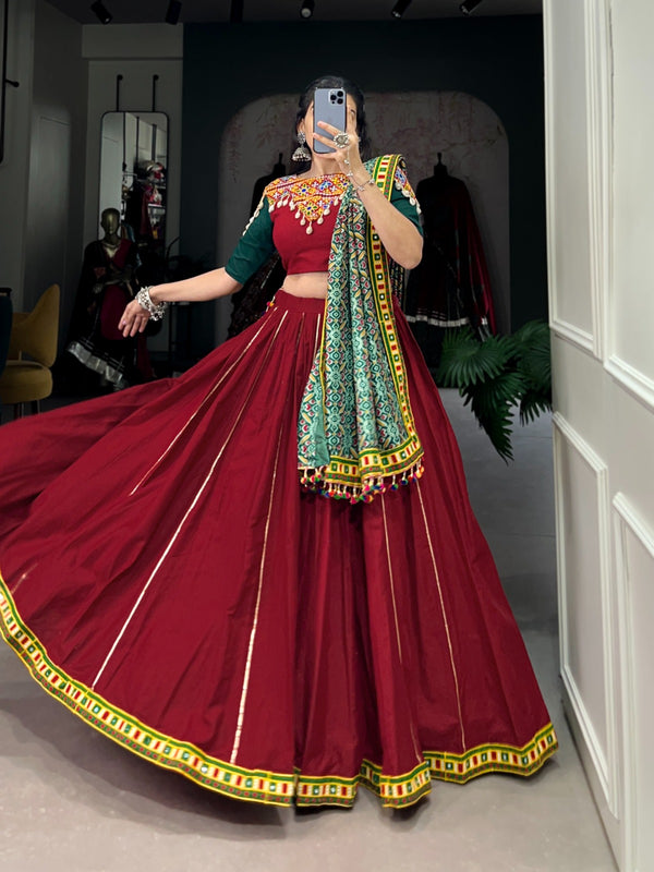 Red Color Pure Cotton Gamthi Work Ready To Wear Navratri Special Lehenga Choli Set