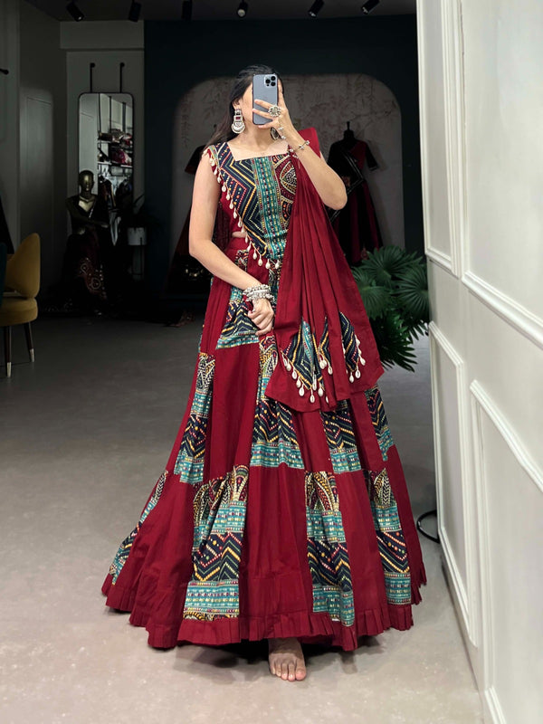 Maroon Pastel Color Pure Cotton Plain & Printed With Foil Work Navratri Lehenga Choli