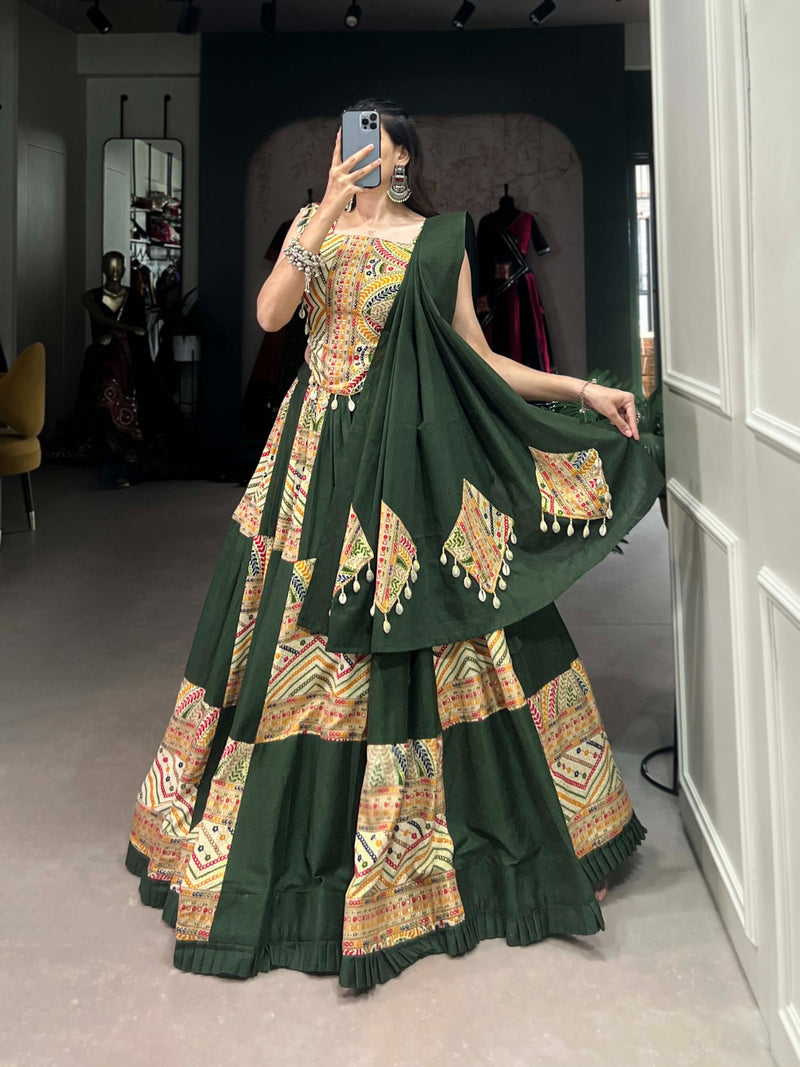 Green Pastel Color Pure Cotton Plain & Printed With Foil Work Navratri Lehenga Choli