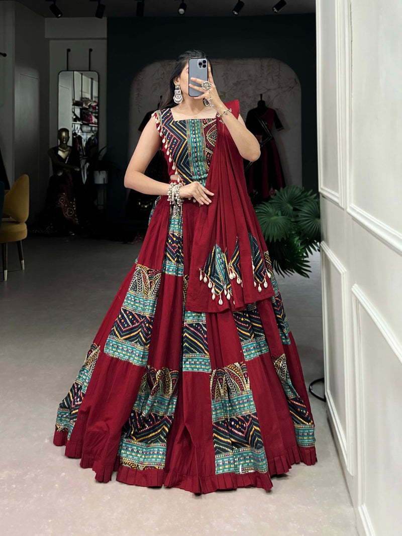 Maroon Pastel Color Pure Cotton Plain & Printed With Foil Work Navratri Lehenga Choli