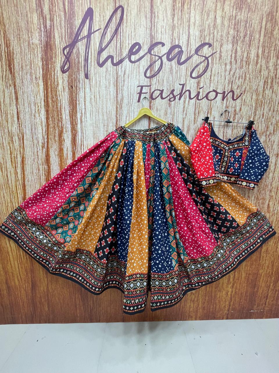 Multi Color Ajarkh Printed Mirror Work Navratri Lehenga Choli