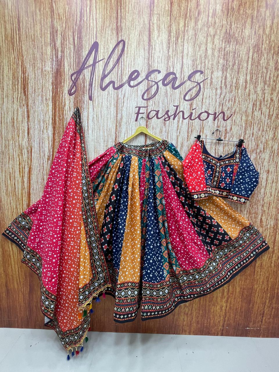 Multi Color Ajarkh Printed Mirror Work Navratri Lehenga Choli