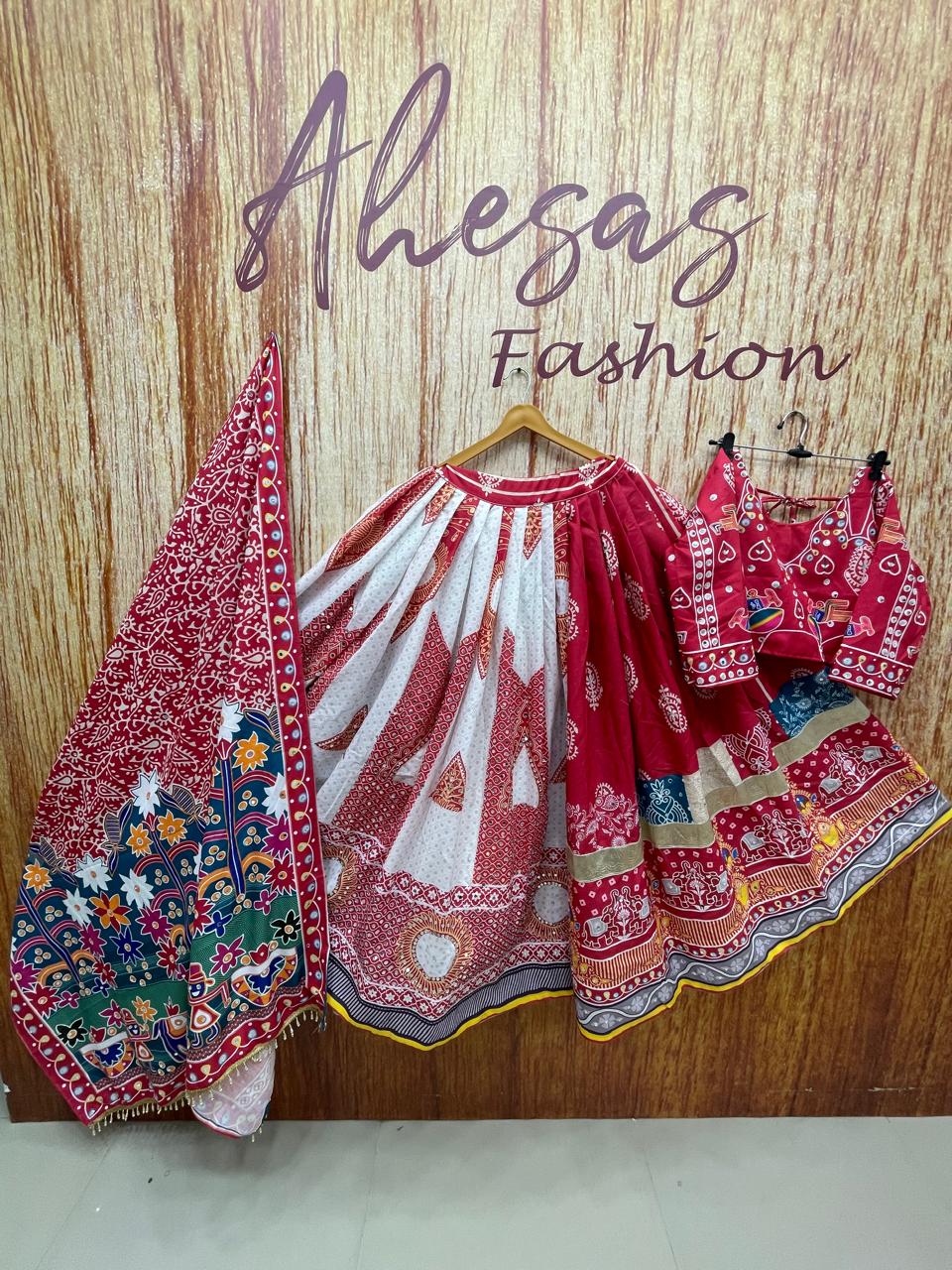 Red - White Mirror Work Designer Navratri Lehenga Choli