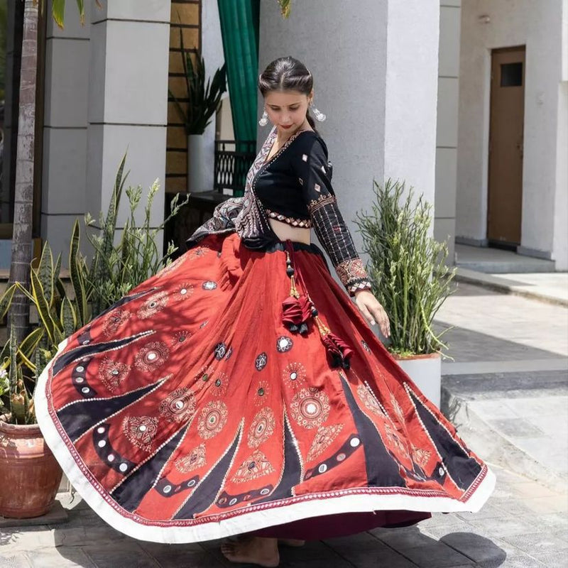 Red Black Color Printed Mirror Work Cotton Lehenga Choli