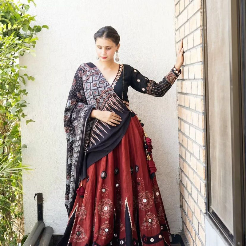 Red Black Color Printed Mirror Work Cotton Lehenga Choli