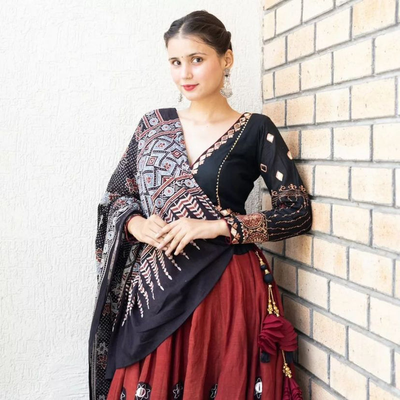 Red Black Color Printed Mirror Work Cotton Lehenga Choli