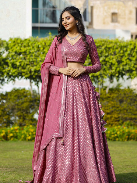 Pink Color Sequins Embroidery Work Designer Georgette Lehenga Choli