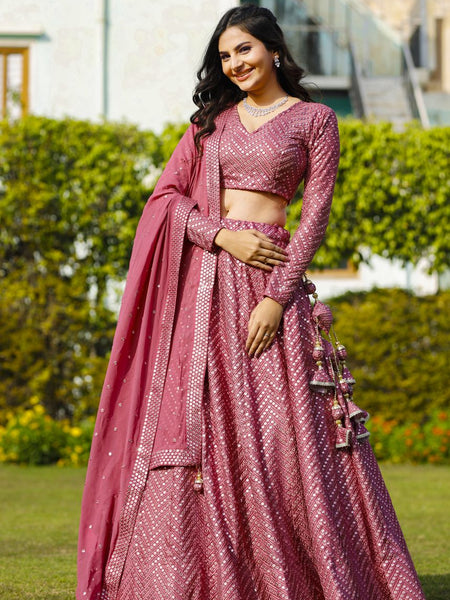 Pink Color Sequins Embroidery Work Designer Georgette Lehenga Choli