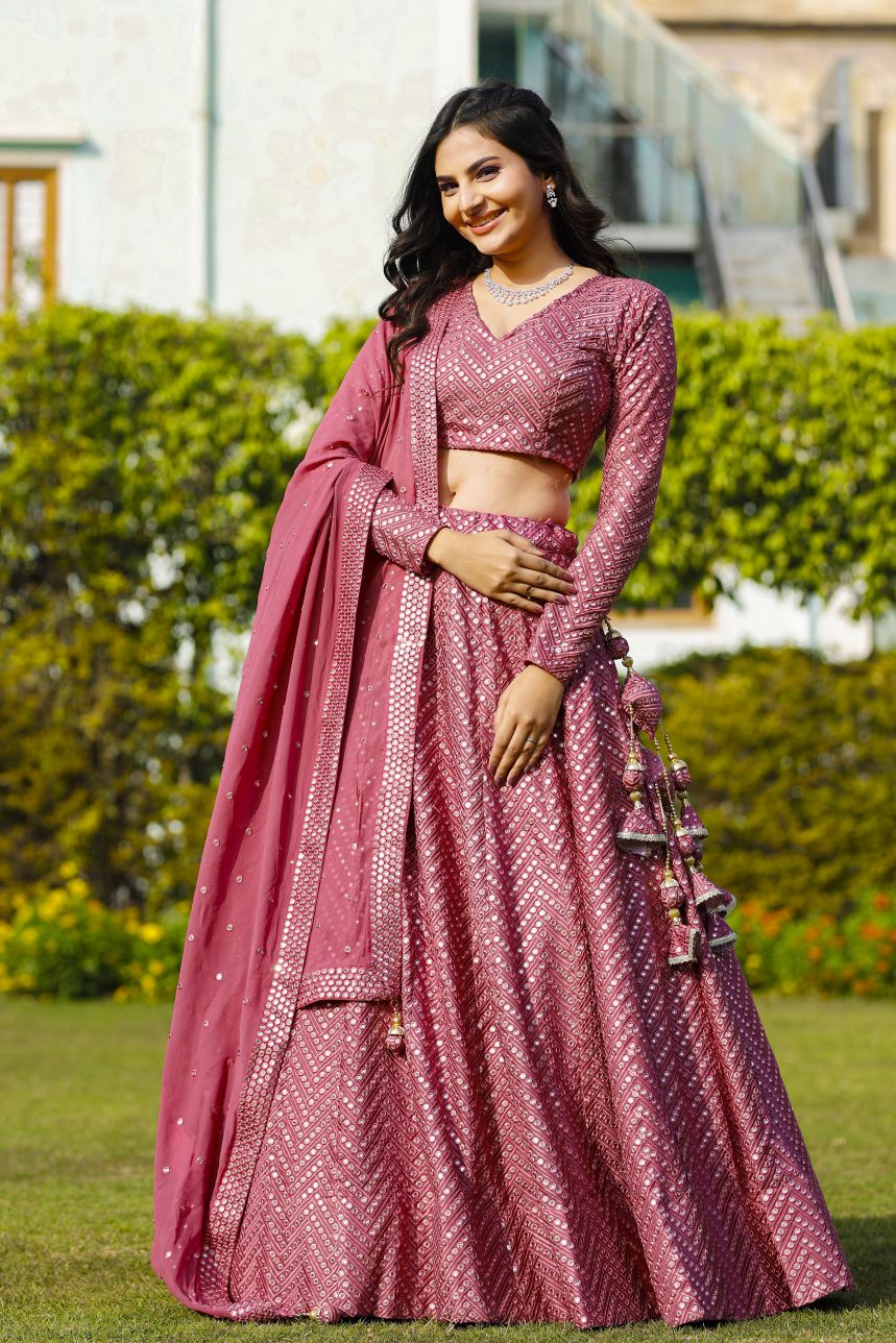 Pink Color Sequins Embroidery Work Designer Georgette Lehenga Choli