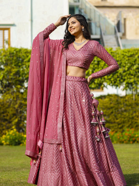 Pink Color Sequins Embroidery Work Designer Georgette Lehenga Choli