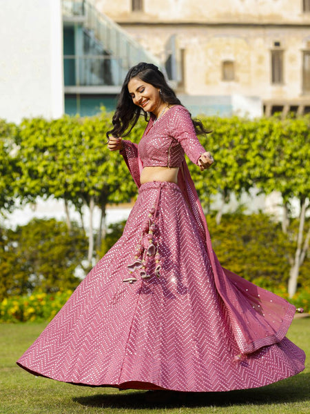 Pink Color Sequins Embroidery Work Designer Georgette Lehenga Choli