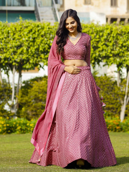 Pink Color Sequins Embroidery Work Designer Georgette Lehenga Choli