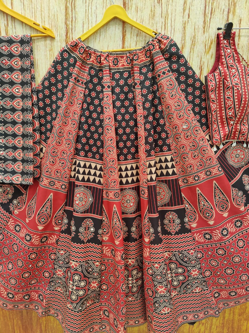 Multi Color Premium Rayon Ajark Print Lehenga Choli Set