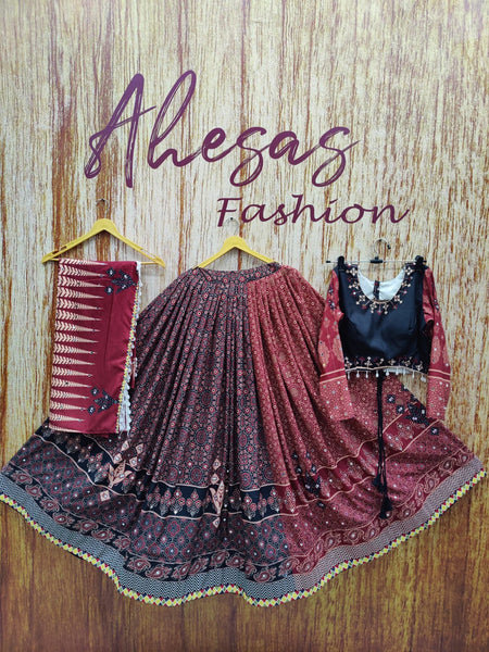 Multi Color Muslin Ajrak Print & Mirror Work Lehenga Choli Set