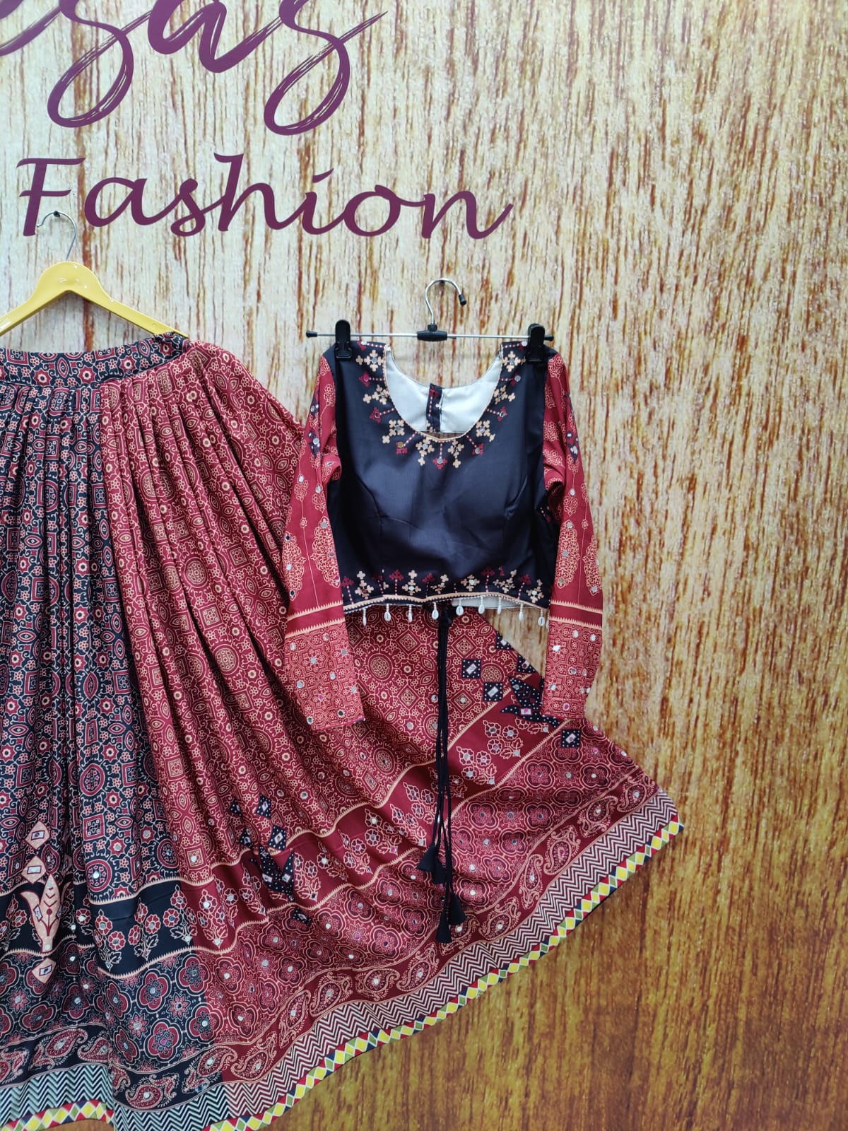 Multi Color Muslin Ajrak Print & Mirror Work Lehenga Choli Set