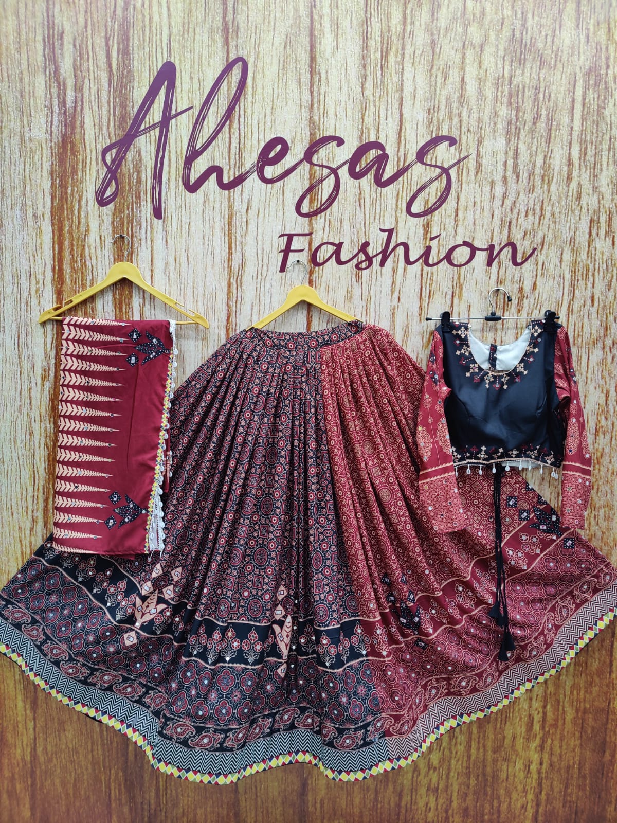 Multi Color Muslin Ajrak Print & Mirror Work Lehenga Choli Set