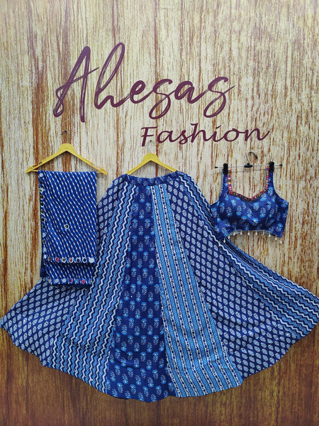 Navy Blue Color Maslin With Printed Designer Lehenga Choli
