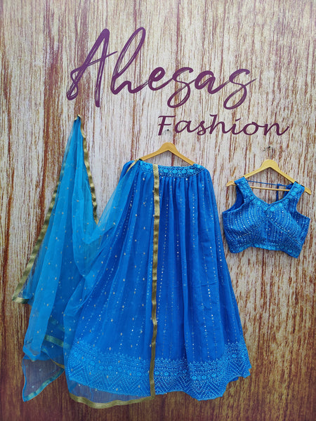 Blue Color Wedding Wear Thread With Sequins Work Georgette  Lehenga Choli