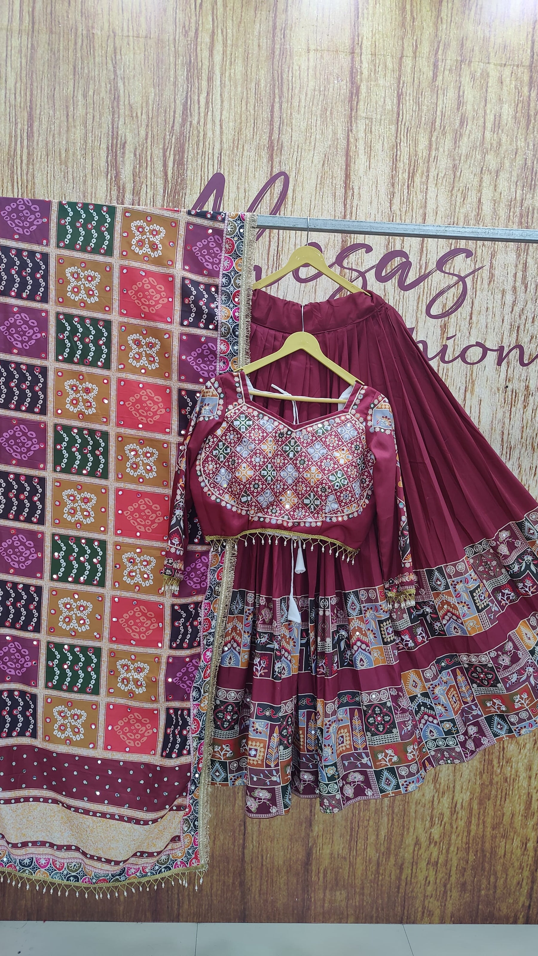 Red Color Mirror Work Digital Printed Lehenga Choli