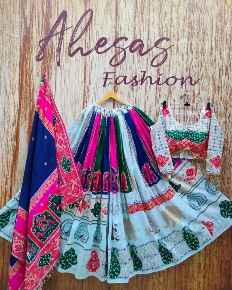 Off White  Color Magic  Cotton With Digital Print Real Mirror Work Designer Lehenga Choli