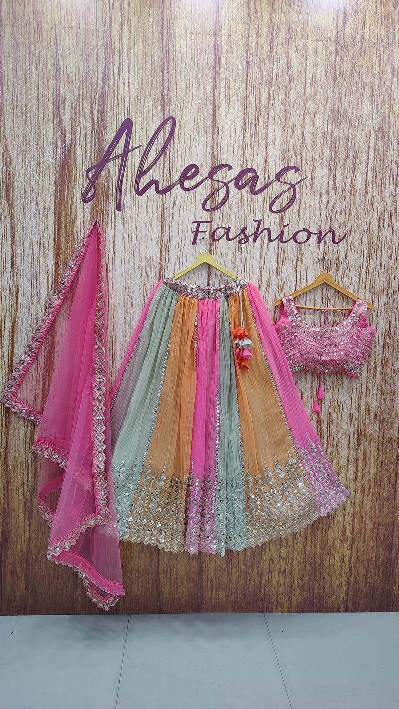 Multi Color Wedding Wear Zari Sequins  Embroidery Work  Georgette Lehenga Choli
