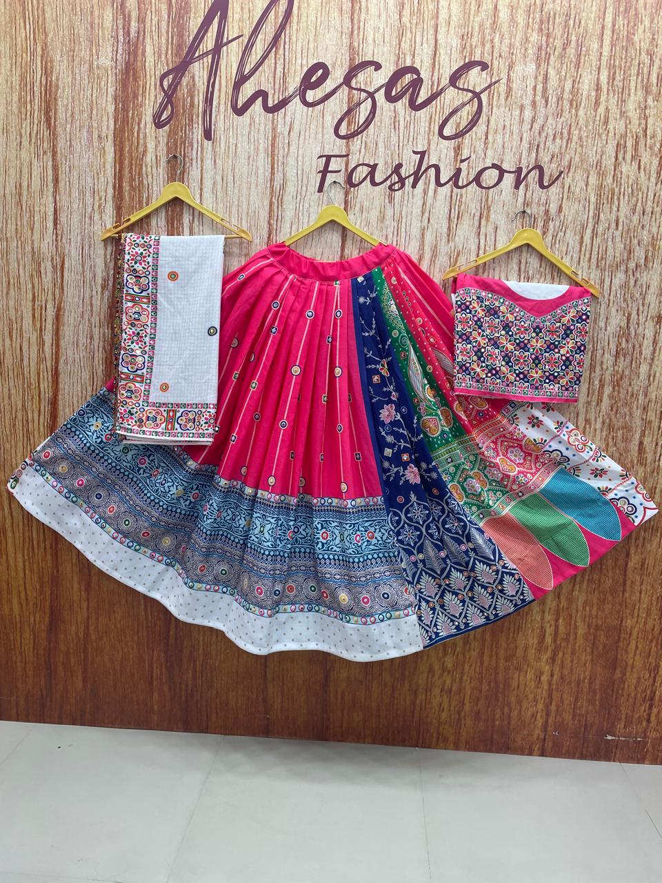 Pink Mirror Work Digital Printed Navratri Lehenga Choli