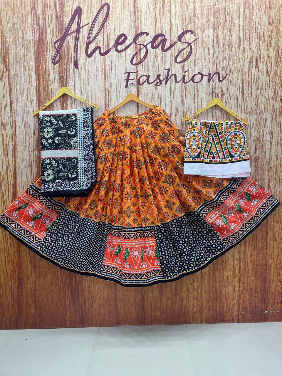 Musterd Yellow Mirror Work Printed Navratri Lehenga Choli